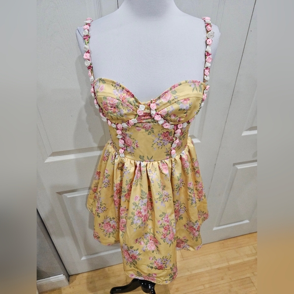 Dolls Kill Sugar Thrillz Yellow Floral Princess Party Mini Dress S - Picture 14 of 14